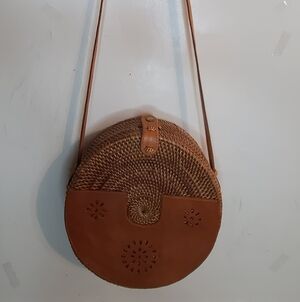Handmade Bali Rattan Crossbody Bag w/ Leather Detail | Round Ata Grass Purse
